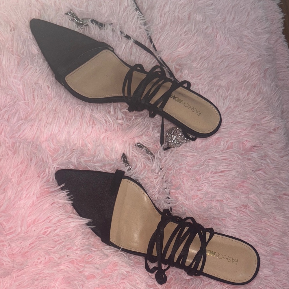 Fashion Nova Black Lace-Up Flats with Rhinestone Detail